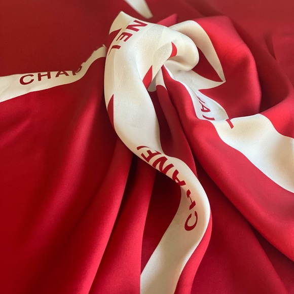 Auth Chanel Vintage Logo Silk Square Scarf Gift Red Ribbon 35 inch Authentic - Picture 6 of 15